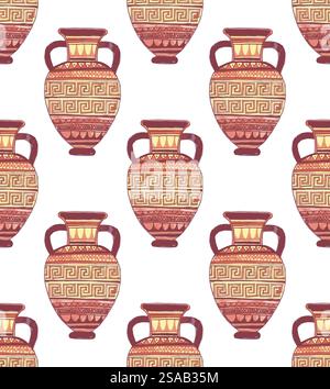 Motivo senza cuciture con vasi greci antichi. Arte ceramica antica. Illustrazione vettoriale. Sfondo a colori. Illustrazione Vettoriale
