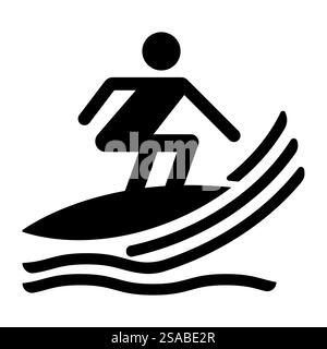 La silhouette nera minimalista di un surfista che cavalca le onde, catturando l'essenza degli sport acquatici e delle avventure estive in un design semplice. Perfetto per temi di stile di vita. Illustrazione Vettoriale
