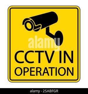 Un segnale di avvertimento giallo brillante con l'icona di una telecamera CCTV con il testo CCTV IN FUNZIONE" per indicare la sorveglianza attiva a fini di sicurezza." Illustrazione Vettoriale