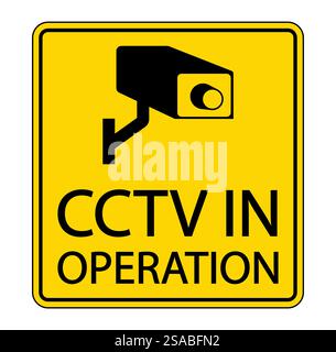 Un segnale di avvertimento giallo brillante con l'icona di una telecamera CCTV con il testo CCTV IN FUNZIONE" per indicare la sorveglianza attiva a fini di sicurezza." Illustrazione Vettoriale