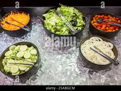 Una vivace vetrina di insalate con una varietà di verdure fresche servite in ciotole nere su un letto di ghiaccio tritato, vista frontale con spazio per le copie. Foto Stock