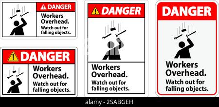 Cartello pericolo caduta detriti, lavoratori in caduta di oggetti Illustrazione Vettoriale