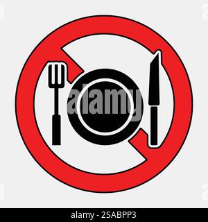 Un simbolo che non mangia con un piatto e utensili barrati. Ideale per la comunicazione visiva di restrizioni alimentari in vari ambienti. Illustrazione Vettoriale