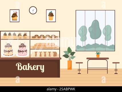 Panificio Shop Building che vende vari tipi di pane come pane bianco, pasticceria e altri, tutti cotti in piano sfondo per Poster Illustration Illustrazione Vettoriale