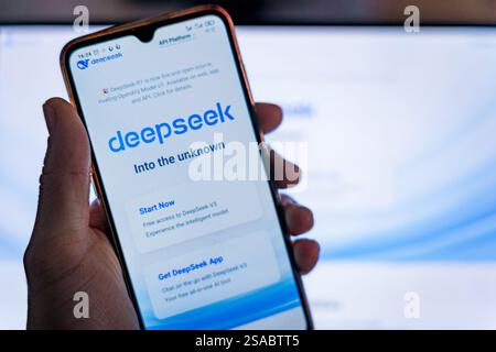 Barcellona, Spagna, 29 gennaio 2025: In questa foto è visibile il logo dell'app Deepseek sul display di un telefono cellulare. Deepseek è un'IA Foto Stock