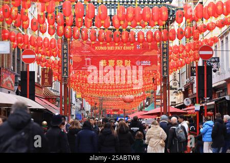 Londra, Regno Unito, 29 gennaio 2025. Chinatown, nel centro di Londra, affollata di persone che iniziano le celebrazioni, fanno shopping e mangiano per il nuovo anno lunare, l'anno del serpente. Questo fine settimana si svolgeranno danze e sfilate di leoni e draghi. Credito : Monica Wells/Alamy Live News Foto Stock