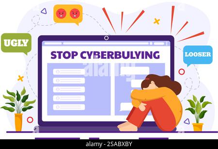 Stop al cyberbullismo illustrazione vettoriale di Haters Online con Internet bullying, trolling e incitamento all'odio in Flat Cartoon background Design Illustrazione Vettoriale