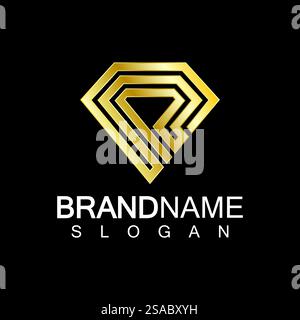 Logo Letter R a forma di diamante con sfondo nero isolato. Illustrazione Vettoriale