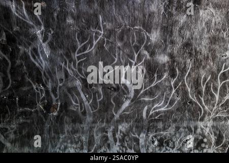 Raccapricciante murale astratto di alberi o fiamme su pareti nere ricoperte di fuliggine in un edificio abbandonato. Foto Stock