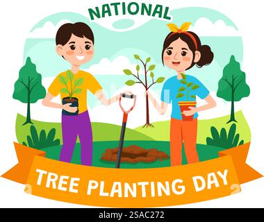 Illustrazione vettoriale del giorno nazionale della piantagione di alberi con piante per bambini piante da semina alberi nella foresta o nel giardino ad Arbor disegno di sfondo di cartone animato piatto Illustrazione Vettoriale