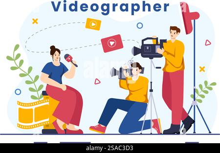 Servizi di videografo illustrazione vettoriale con produzione di video, film, apparecchiature e industria cinematografica su sfondo cartone animato piatto Illustrazione Vettoriale