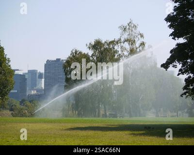 Sistema di irrigazione sull'isola del Danubio Donauinsel a Vienna. Innaffiare prati e alberi nel parco in una calda giornata estiva. Agricoltura per la protezione della siccità Foto Stock