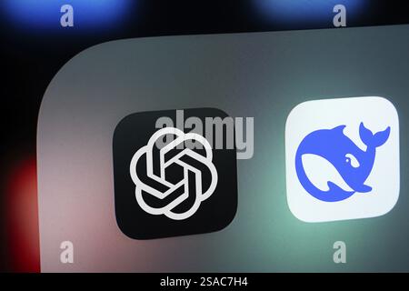 Primo piano dello schermo di un iPad che mostra l'icona Deepseek ai e OpenAI ChatGPT Foto Stock
