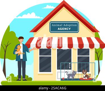 Illustrazione vettoriale di un'agenzia per l'adozione di un animale domestico da un rifugio per animali con gatti e cani sullo sfondo di un cartone animato piatto Illustrazione Vettoriale