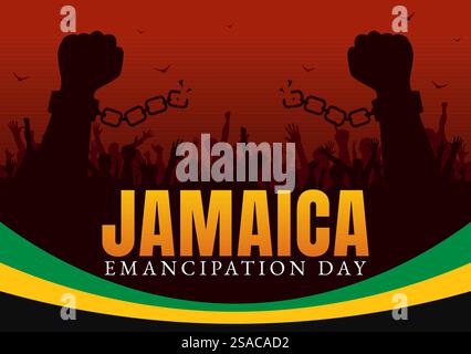 Illustrazione vettoriale della Giamaica Emancipation Day il 1° agosto con una bandiera ondulata e tema Patriottico in uno sfondo di cartoni animati National Holiday Flat Illustrazione Vettoriale