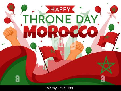 Felice illustrazione vettoriale del giorno del trono del Marocco il 30 luglio con bandiera e nastro ondulati in Celebration National Holiday background Design Illustrazione Vettoriale