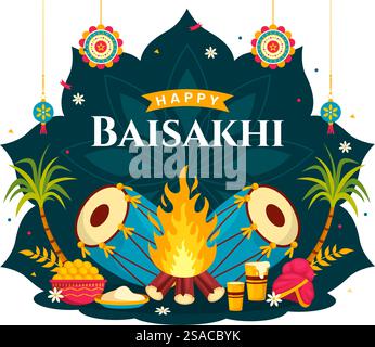 Happy Baisakhi Vector Illustration of Vaisakhi Punjabi Spring Harvest Festival of Sikh Celebration with Drum and Kite in Holiday Cartoon background Illustrazione Vettoriale