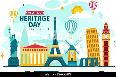 Illustrazione vettoriale della giornata del Patrimonio Mondiale il 18 aprile per i monumenti commemorativi e i siti di vari paesi su sfondo piatto Illustrazione Vettoriale
