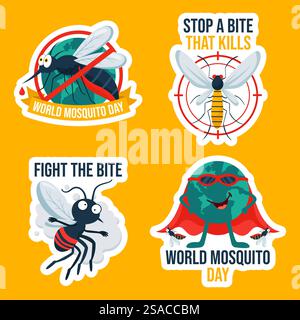 Illustrazione di sfondo per l'etichetta del giorno della zanzara, fumetto piatto, modelli disegnati a mano Illustrazione Vettoriale