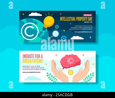 Giornata della proprietà intellettuale Banner orizzontale Cartoon modelli disegnati a mano illustrazione di sfondo Illustrazione Vettoriale