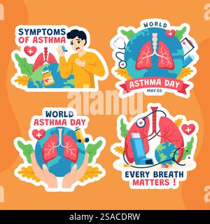 Etichetta giorno asma cartone animato piatto modelli disegnati a mano illustrazione di sfondo Illustrazione Vettoriale
