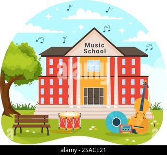 Scuola di musica illustrazione vettoriale con suonare vari strumenti musicali, formazione di musicisti e cantanti in Flat Kids Cartoon background Illustrazione Vettoriale