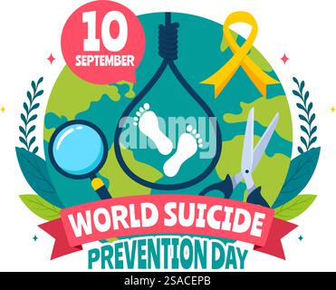 Illustrazione vettoriale della giornata mondiale della prevenzione del suicidio il 10 settembre con una corda sospesa e le mani per prevenire i suicidi in uno sfondo di cartone animato piatto Illustrazione Vettoriale