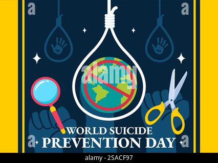Illustrazione vettoriale della giornata mondiale della prevenzione del suicidio il 10 settembre con una corda sospesa e le mani per prevenire i suicidi in uno sfondo di cartone animato piatto Illustrazione Vettoriale