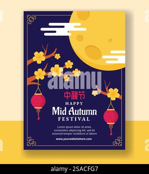 Traduzione : Mid Autumn Festival. Illustrazione di sfondo dei modelli disegnati a mano di un poster verticale Illustrazione Vettoriale
