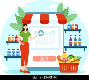 Illustrazione vettoriale del negozio di alimentari online con scaffali per prodotti alimentari, rack per latticini, frutta e bevande per l'ordine di acquisto tramite telefono in background Illustrazione Vettoriale