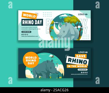 Illustrazione di sfondo dei modelli disegnati a mano per striscioni orizzontali Rhino Day Illustrazione Vettoriale