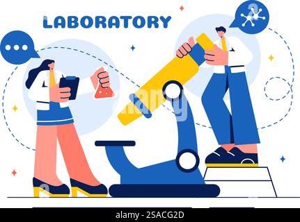 Un'illustrazione vettoriale di un laboratorio che conduce ricerche scientifiche, sperimentazioni e misurazioni su uno sfondo in stile cartone animato piatto Illustrazione Vettoriale