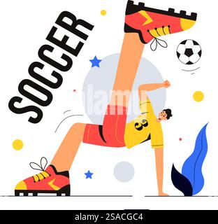 Illustrazione di un vettore di calcio con un uomo che calcia una palla di calcio su un campo verde per una partita di calcio e di sport su uno sfondo di cartone animato piatto Illustrazione Vettoriale