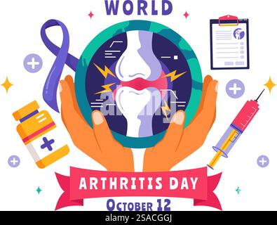 Illustrazione vettoriale della giornata mondiale dell'artrite per il 12 ottobre, con trattamento medico per reumatismi e osteoartrite, con una scansione a raggi X e osso Illustrazione Vettoriale