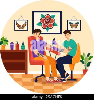 Illustrazione vettoriale del Tattoo Salon del Tattooist, dalla progettazione al disegno al tatuaggio con Needle Machine e Ink Art in Flat Cartoon background Design Illustrazione Vettoriale
