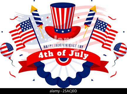 4 luglio Happy Independence Day USA Vector Illustration with American Flag and Balloons in Flat National Holiday Cartoon background Design Illustrazione Vettoriale