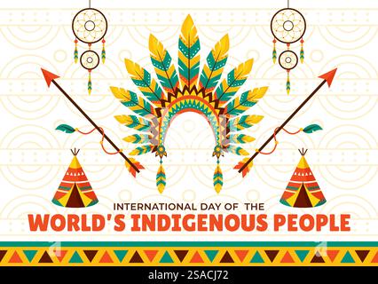 Vector Illustration for World Indigenous People Day il 9 agosto per sensibilizzare e proteggere i diritti delle popolazioni, con sfondo piatto Illustrazione Vettoriale
