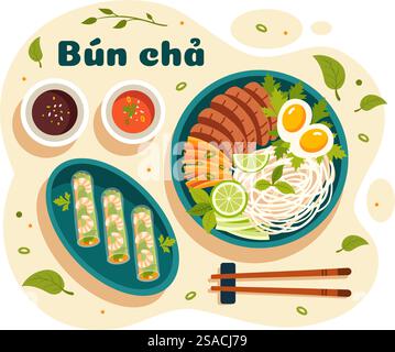 Ristorante vietnamita Vector illustrazione di Un menu che presenta una collezione di vari piatti della cucina deliziosa in uno sfondo di cartone animato in stile piatto Illustrazione Vettoriale
