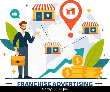 Pubblicità in franchising illustrazione vettoriale con aziende e finanza per promuovere il successo del marchio o del marketing in Flat Cartoon background Illustrazione Vettoriale