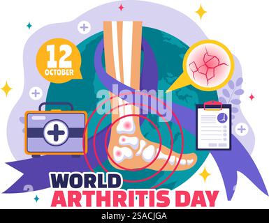 Illustrazione vettoriale della giornata mondiale dell'artrite per il 12 ottobre, con trattamento medico per reumatismi e osteoartrite, con una scansione a raggi X e osso Illustrazione Vettoriale