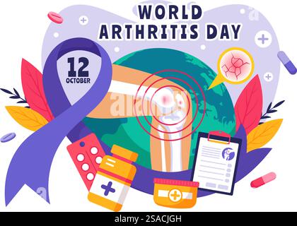Illustrazione vettoriale della giornata mondiale dell'artrite per il 12 ottobre, con trattamento medico per reumatismi e osteoartrite, con una scansione a raggi X e osso Illustrazione Vettoriale