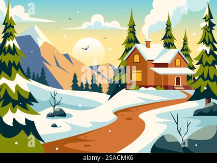 Affascinante illustrazione vettoriale del Winter Village con case accoglienti in un paesaggio panoramico di montagna innevata, con un ambiente naturale sereno sullo sfondo Illustrazione Vettoriale
