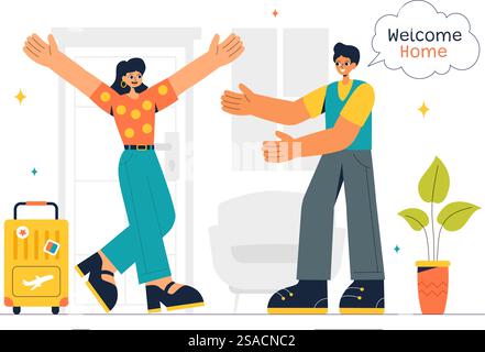 Illustrazione vettoriale di ritorno con un momento di riunione gioioso, il benvenuto a qualcuno a casa con uno sfondo di cartone animato in stile piatto Illustrazione Vettoriale