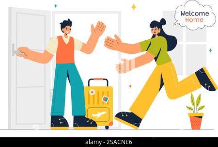 Illustrazione vettoriale di ritorno con un momento di riunione gioioso, il benvenuto a qualcuno a casa con uno sfondo di cartone animato in stile piatto Illustrazione Vettoriale