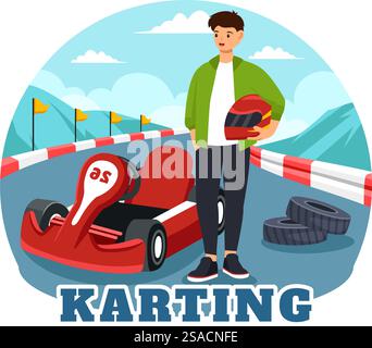 Illustrazione vettoriale di Karting Sport con un gioco di corse Go Kart o Mini Car su un circuito di piccole dimensioni con un design di sfondo di cartone animato in stile piatto Illustrazione Vettoriale