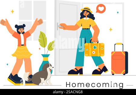 Illustrazione vettoriale di ritorno con un momento di riunione gioioso, il benvenuto a qualcuno a casa con uno sfondo di cartone animato in stile piatto Illustrazione Vettoriale