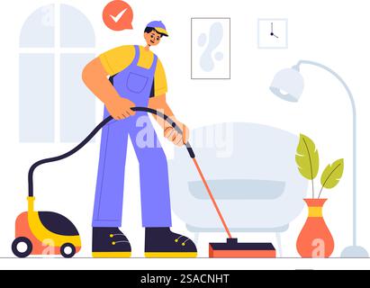 Illustrazione vettoriale di un team di assistenza domiciliare con addetti alle pulizie, addetti alle ristrutturazioni e riparatori che costruiscono e mantengono una casa in uno sfondo piatto Illustrazione Vettoriale