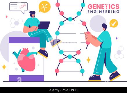 Illustrazione vettoriale dell'ingegneria genetica e delle modifiche del DNA con la ricerca genetica o gli scienziati sperimentali in un contesto di stile cartoni animati piatti Illustrazione Vettoriale