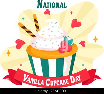Illustrazione vettoriale National Vanilla Cupcake Day il 10 novembre con Cupcakes ricoperti di spandiconcime, fragole e crema alla vaniglia sullo sfondo Illustrazione Vettoriale