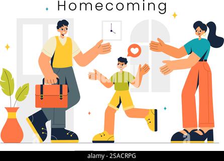 Illustrazione vettoriale di ritorno con un momento di riunione gioioso, il benvenuto a qualcuno a casa con uno sfondo di cartone animato in stile piatto Illustrazione Vettoriale